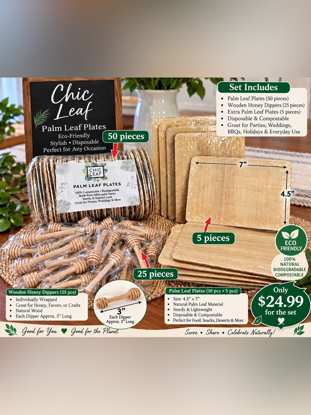 80 piece party set-Palm Leaf Plates & Dip Set-Natural Brown